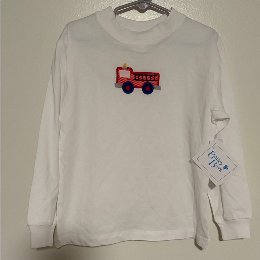 Boys Blue White Fire Truck Long Sleeve Tee